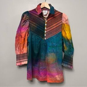 Tracy Reese Hope For Flowers Tie Dye Long Sleeve Collard Blouse Size Medium